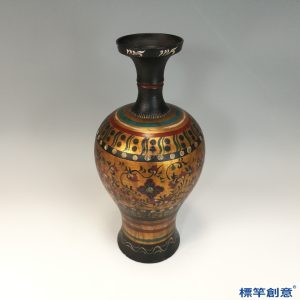 FB153 唐代黑陶金彩繪纏枝花卉紋細頸梅瓶