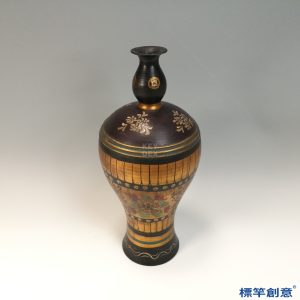 FB155 唐代黑陶金彩繪纏枝花卉紋葫蘆頂梅瓶