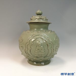 FC073 五代耀州窯淡青瓷貼塑佛像蓮紋供水罐