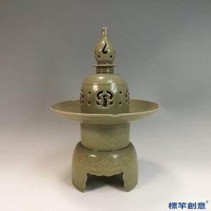 FC080 五代越窯青瓷鏤空塑葫蘆鈕蓮座薰香爐