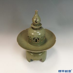 FC080 五代越窯青瓷鏤空塑葫蘆鈕蓮座薰香爐