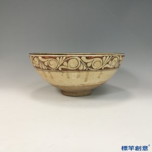 GA083 宋代磁州窯米白釉黑彩繪纏枝魚紋湯碗