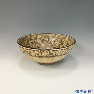 GA083 宋代磁州窯米白釉黑彩繪纏枝魚紋湯碗