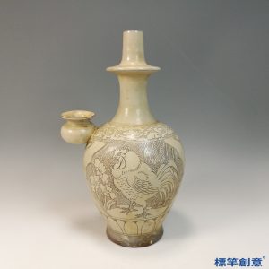 GB184 北宋磁州窯米白釉珍珠地刻雞紋佛教淨瓶
