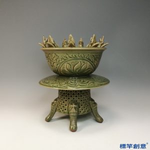 GB187 北宋磁州窯系青瓷刻唐草紋鏤空覆層薰香爐