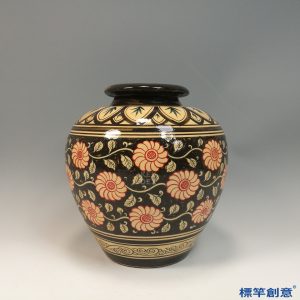 GC229 南宋吉州窯褐黑釉加彩纏枝紅花紋罐