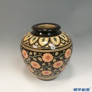 GC229 南宋吉州窯褐黑釉加彩纏枝紅花紋罐