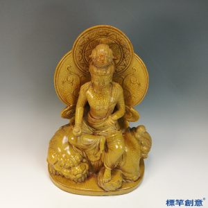 HB061 明代龍泉窯黃釉冰裂紋文殊菩薩坐獅像