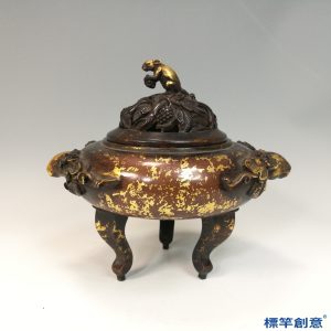 HB064 明代晚期宣徳款鎏金紫銅葡萄紋松鼠鈕薰香爐