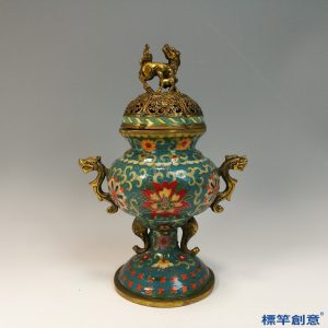 IA063 清代鎏金銅掐絲琺瑯麒麟鈕雙龍耳豆式薰香爐