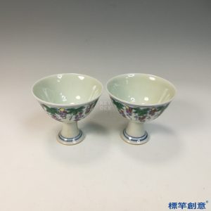 IA066 清代晚期鬥彩成化款景德鎮窯高足杯一對