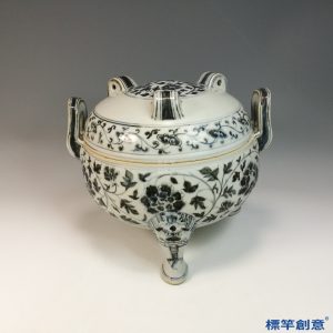 HB073 明代永樂景德鎮官窯青花繪花卉紋三足蓋鼎