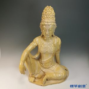 FB157 唐代中期鞏義窯米黃釉水月觀音坐像