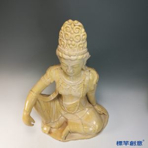 FB157 唐代中期鞏義窯米黃釉水月觀音坐像