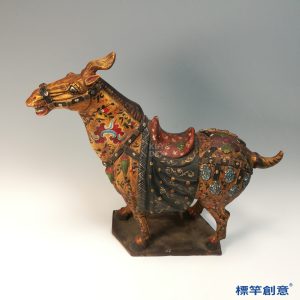 FB158 唐代鞏義窯黑陶金彩繪花卉陶馬