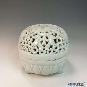 GC233 南宋湖田窯青白瓷鏤空刻花卉紋圓形大薰香爐