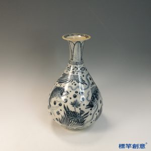 HB090 明代洪武景德鎮官窯灰藍青花繪魚藻紋玉壺春瓶