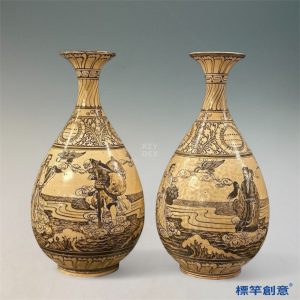 GE030 金代磁州窯米黃釉褐彩繪八仙過海紋玉壺春瓶一對