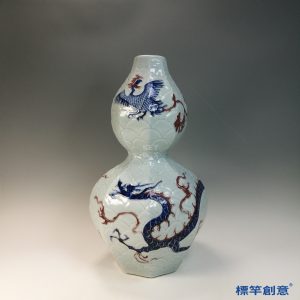 HA105 元代湖田窯青花釉裡紅魚鱗龍鳳紋八稜葫蘆瓶