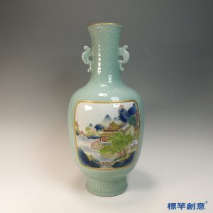 IA083 清嘉慶豆青釉開窗粉彩繪樓閣山水乾隆款螭耳瓶