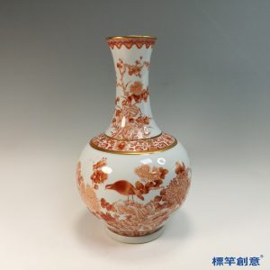 IA088 清代宣統景德鎮官窯礬紅彩花鳥描金賞瓶