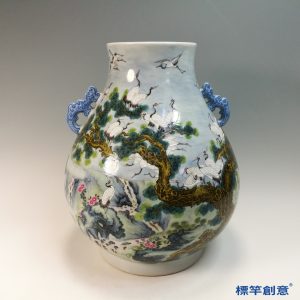 IA089 清代光緒景德鎮官窯粉彩松鶴延年雍正款雙耳尊